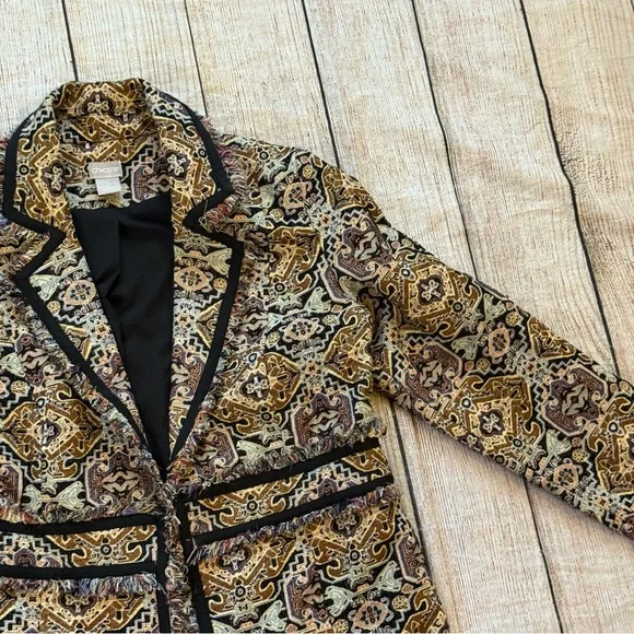 Chico’s Tapestry Jacquard Topper Coat Size 8/10 Fringe-Trim Baroque Brown Tan - Picture 5 of 15